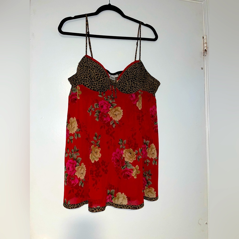 Vintage Seductive 90s Leopard & Floral Satin Slip Dress Sexy Babydoll Nightie